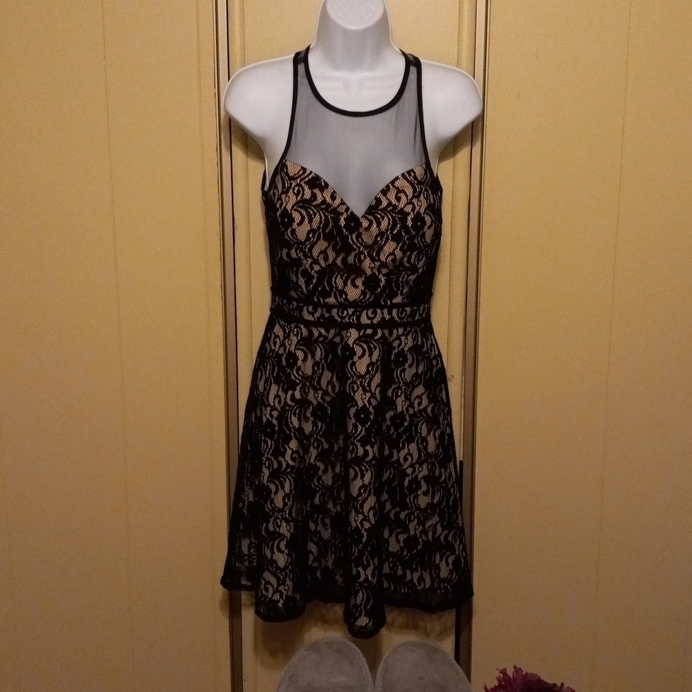 - Women's Black Lace Netting  Skater Dress Size S .